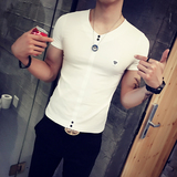 个性纽扣装饰男士短袖T恤夏季韩版修身潮男T恤夜店发型师紧身T恤