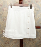 2016年夏季新款定制光泽珍珠纽扣开扣一片式白色高腰A字半裙短裙