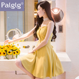 Palglg2016夏季新款女装韩版修身收腰性感V领系带吊带连衣裙短裙