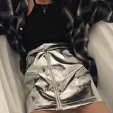 元气少女 韩国INS潮人必备夏季FF STUDIO 银色拉链皮裙女个性短裙