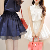 2016夏季新款裙子假两件套装裙短裙淑女韩版小香风显瘦无袖连衣裙