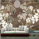 手绘中式水彩小鸟墙纸 大型壁画 现代客厅花卉山水背景墙壁纸