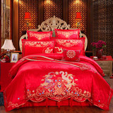 欧式婚庆四件套大红色结婚床上用品六件套床单被套刺绣新婚庆床品