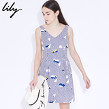 Lily2016夏新款女装商务清新气质印花无袖收腰连衣裙116230C7614