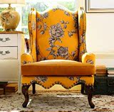 现货法式新古典布艺单人沙发欧式美式实木雕花高背椅老虎椅可定