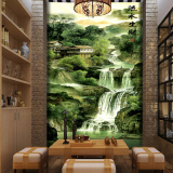 中式大型风景山水壁画无缝客厅玄关背景墙纸走廊过道壁纸流水生财