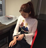 春夏新款 韩国甜美可爱喇叭袖卡通印花修身长袖T恤女打底衫上衣潮