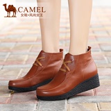 camel骆驼女靴 2015秋季新款 真皮时尚休闲短靴 牛皮坡跟舒适女鞋
