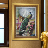 欧式纯手绘壁炉玄关挂画花鸟风景写实古典孔雀图手绘油画客厅有框