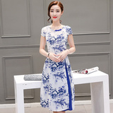 2016夏季韩版新款女装修身棉麻短袖改良旗袍中长款复古印花连衣裙