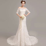 韩式白色蕾丝钻绑带一字肩 收身鱼尾女结婚婚纱 婚礼修身新娘礼服