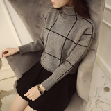 韩版女装2015秋冬新款女士高领毛衣格子长袖套头针织衫打底衫