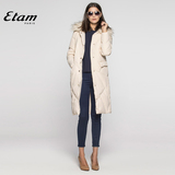 艾格Etam冬装纯色毛领修身中长款羽绒服女150135037