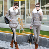 2014冬装新款羽绒棉衣女韩版中长款休闲棉服两件套加厚套装送毛领