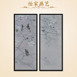 中式写意风格花鸟纯手绘油画客餐厅玄关书房鹦鹉竖版双联组合挂画