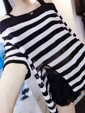 欧洲站2016夏季新款时尚宽松一字肩黑白条纹开叉百搭针织衫上衣女