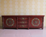 中式仿古实木复古彩绘做旧榆木地柜/民族特色电视柜/家具定制