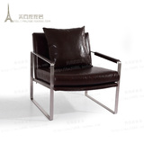 简约现代休闲椅单人咖啡色真皮沙发椅时尚书房椅不锈钢扶手躺椅子