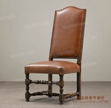 法式实木单人沙发椅 头层牛皮真皮复古做旧雕花休闲椅书椅 扶手椅