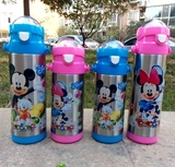 促销迪士尼儿童保温杯学生不锈钢软吸头吸管水壶350ml/500ml包邮