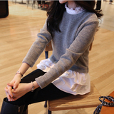 2014秋冬装新款 女装韩版假两件衬衫 百搭长袖拼接衬衫