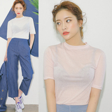 韩版2016夏季女装　性感甜美微透视弹力修身显瘦圆领短袖T恤上衣