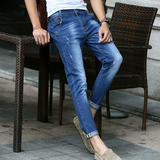 夏季九分牛仔裤男士韩版青少年设计款破洞修身弹力小脚9分男裤子