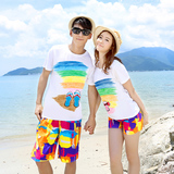 创意时尚情侣装夏装2016款男女短袖t恤韩国海边度假沙滩短裤套装