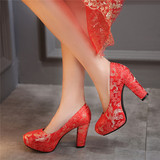 春季民族风印花浅口单鞋中式敬酒鞋红色新娘结婚鞋粗跟高跟鞋女鞋