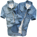 男装水洗其他标准牛仔布日系复古天蓝色棉XL立领常规纯色LMS衬衫