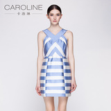 CAROLINE卡洛琳 时尚条纹撞色连衣裙 性感露肩夏装正品 G6201903