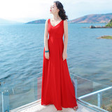 2016夏季新品红色雪纺吊带连衣裙波西米亚长裙海边度假沙滩裙子女