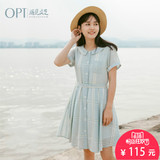 OPT2016夏季新款女装 文艺棉麻格子衬衫连衣裙a字中长款修身D2026