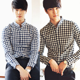 韩国代购男装2016年春季新款韩版修身格子男士长袖衬衫潮青年衬衣