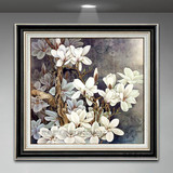纯手绘中式花卉油画装饰画客厅玄关卧室挂画正方形画白玉兰花油画