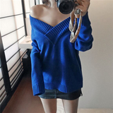 韩国进口女装正品代购2015秋冬新款韩版V领露肩纯色宽松套头毛衣