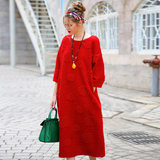 2015秋冬新款 欧美宽松名媛气质七分袖提花羊毛呢红色大码连衣裙