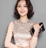 2016春季新品韩版女装华丽性感纱网长袖T恤镂空蕾丝打底衫