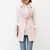 依形于色2016新款韩版西装领马夹女暗扣粉色修身马甲秋季上衣外套