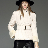 2015冬装新款女装欧美高端立领毛袖收腰棉衣加厚短款白外套包邮