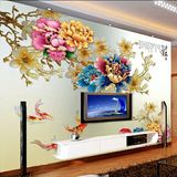 5D无缝 大型墙纸壁画客厅3D立体家和富贵平安牡丹电视背景墙壁纸