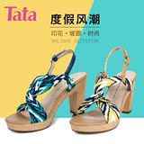 Tata/他她2016年夏季女士印花布度假风粗跟沙滩女凉鞋2A510BL6