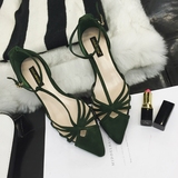 鞋子女春款 韩版时尚性感T型绑带镂空尖头细跟高跟鞋单鞋绿色黑色
