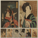 浮世绘 侍女图 日式风格 复古牛皮纸海报 日本料理酒吧装饰挂贴画