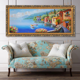 高档客厅横幅风水海景有框装饰画欧式风景画挂画地中海手绘油画