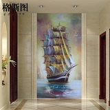 玄关过道走廊背景墙纸壁纸3D欧式时尚无缝大型壁画地中海油画帆船