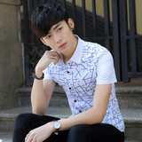 卡宾男士短袖衬衫夏季韩版纯棉印花修身免烫衬衣青年学生白衬衫男