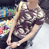 2016新款夏天男士V领短袖T恤半袖男装韩版衣服迷彩上衣紧身潮流