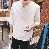 夏季新品日系小清新麻料七分袖衬衫韩版青年男士宽松中袖休闲衬衣