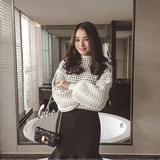 冬装新款2015韩版宽松 黑点灯笼袖中领打底针织毛衣女 春季格子